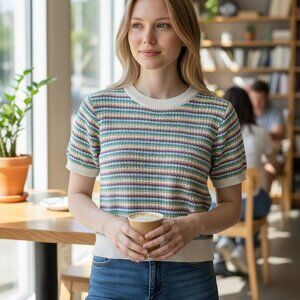 Madison Tash Multicolor Knit Striped Short Sleeve Sweater Top XL